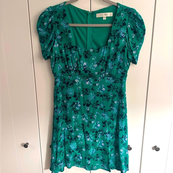 Row A Green Floral Puff Sleeve Mini Dress | Size M - Picture 2 of 4